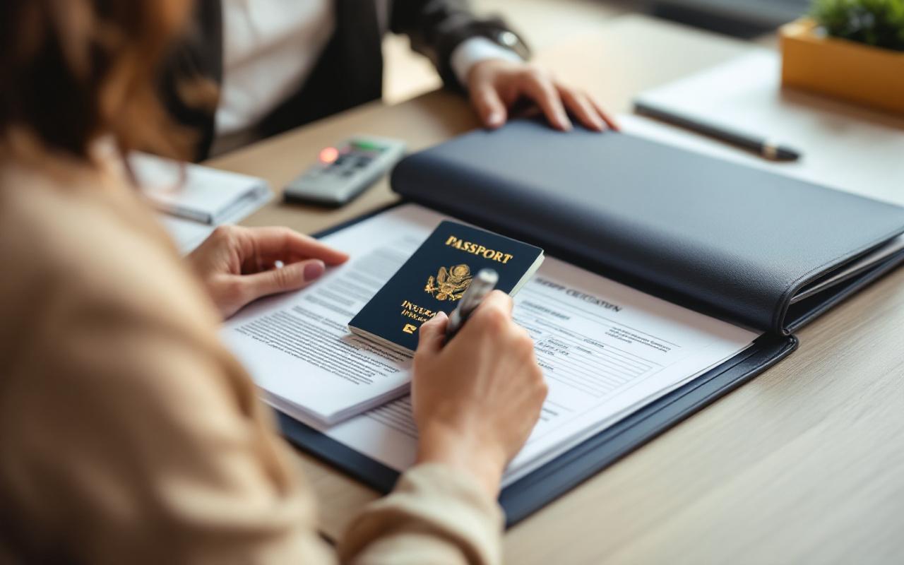Une femme prépare un dossier de visa sur un bureau, en disposant un passeport, une attestation d’assurance et des documents administratifs dans un dossier.